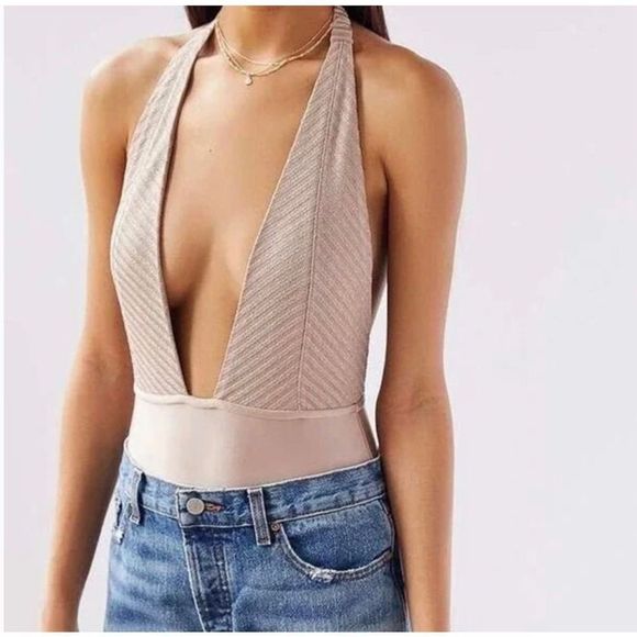 OUT FROM UNDER Metallic Vixen Bodysuit Deep V-Neck Women's champagne Size M - Picture 1 of 9